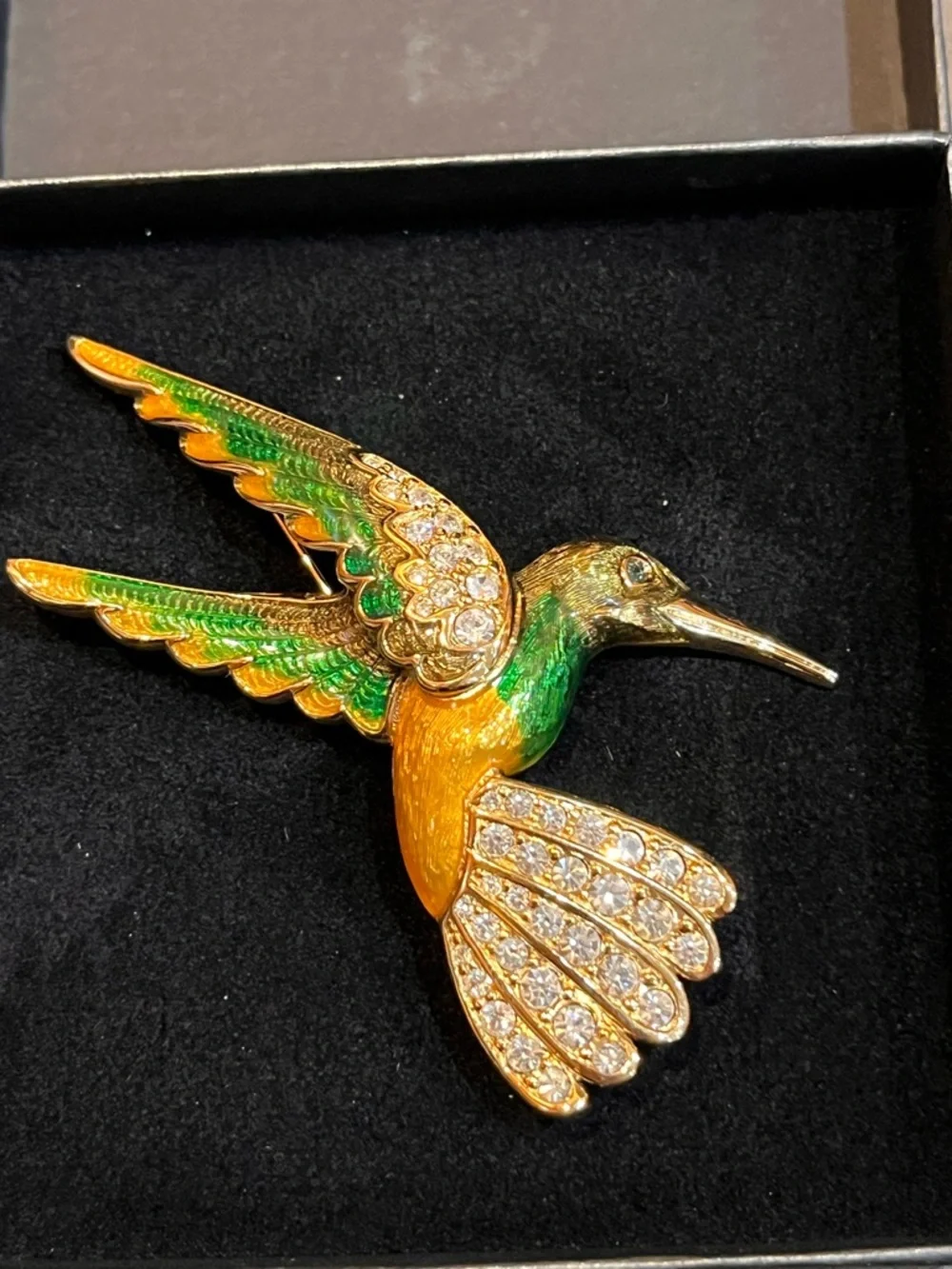 Swarovski Enamel Hummingbird Brooch - Pave Crystal Figural Bird Pin - Signed